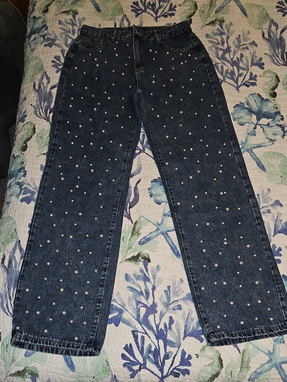 Dark Blue Pearl-Embellished Women’s Jeans